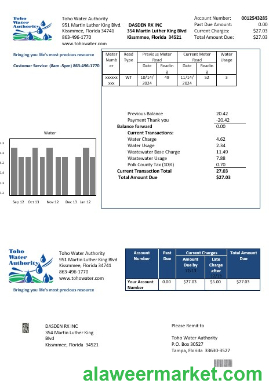 USA Florida Toho Water Authority business utility bill template in Word and PDF formats